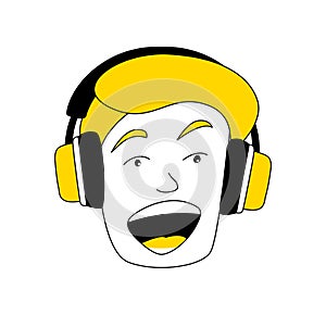 Portrait of a young man smiling in headphones doodle drawing.