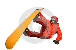 Portrait of young man in sportswear with snowboard isolated on a white background.