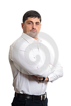 Portrait of young man with very handsome face in white casual sh