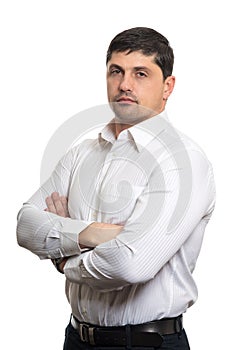 Portrait of young man with very handsome face in white casual sh