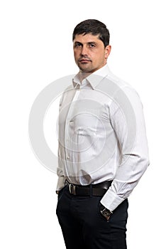 Portrait of young man with very handsome face in white casual sh