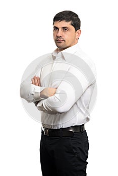 Portrait of young man with very handsome face in white casual sh