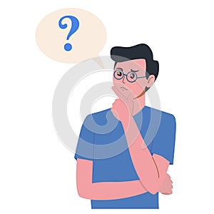 Portrait of young man woman. Boy with question mark in think bubble. People thinking or solving problem. Dilemma vector