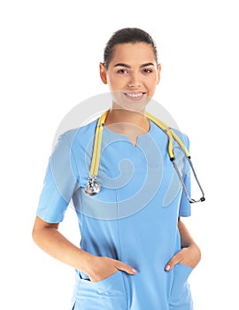 Portrait of young medical assistant with stethoscope