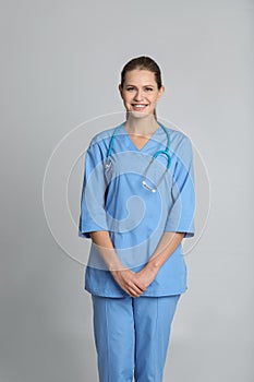 Portrait of young medical assistant with stethoscope