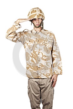 Portrait of young military guy in uniform saluting general