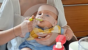 Portrait of young mother feeding her baby son setting on her laps in kitchen