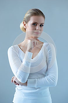 Portrait of young and natural woman. Face of attractive smiling lady. Day light.