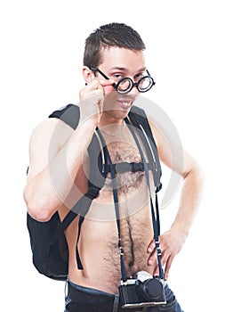 Portrait of a young nerd with old fashioned camera