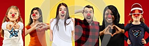 Portrait of young people celebrating red nose day on colorful background