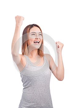 Portrait of young pretty asian woman hands up raised arms, screaming yelling isolated on white background