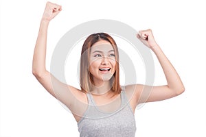 Portrait of young pretty asian woman hands up raised arms, screaming yelling isolated on white background