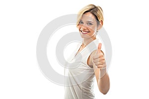 Portrait of young pretty business woman showing thumb up