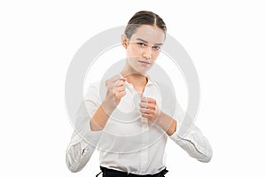 Young pretty bussines woman showing angry both fists gesture photo