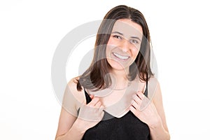 Portrait of young pretty happy woman with long brown hair in happy smile good mood