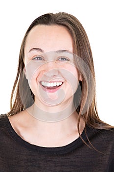 Portrait of young pretty positive girl smiling laughing looking at camera over white background