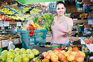 Portrait of young satisfied female purchaser holding shopping basket with fruits and vegetables