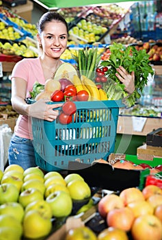 Portrait of young satisfied female purchaser holding shopping basket with fruits and vegetables