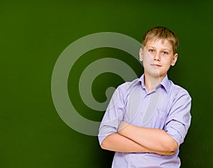 Portrait of young schoolboy near chalkboard