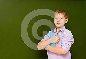 Portrait of young schoolboy near chalkboard