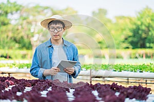 Portrait of young smart farmer using digital tablet computer for inspecting. using technology in agriculture field application in