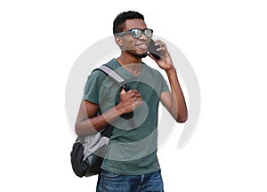 Portrait of young smiling african man student calling on smartphone wearing backpack, sunglasses isolated on white background