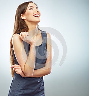 Portrait of young smiling business woman white background isola