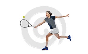 Portrait of young sportive woman, tennis player playing tennis isolated on white background. Healthy lifestyle, fitness