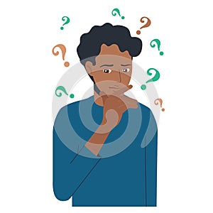 Portrait of young troubled black man. Boy with question mark in think bubble. People thinking or solving problem. Dilemma vector