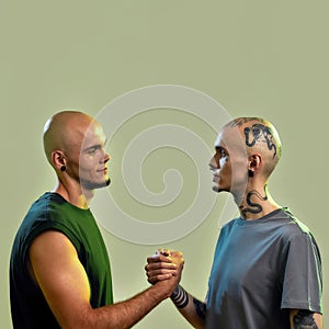 Portrait of young twin brothers with tattoos and piercings looking at each other, holding hands, standing face to face