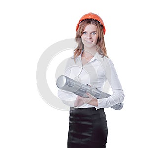 Portrait of a young woman architect with orange hard hat and drawings