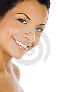 Portrait of a young woman with beautiful smile on white background