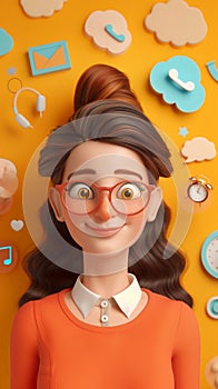Portrait of young woman with black hair in the office. 3d character. Interface icons flying around. Vertical layout