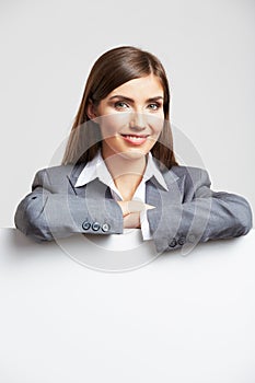 Portrait of young woman with blank white board