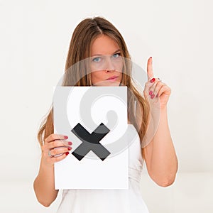 Portrait young woman with board NO