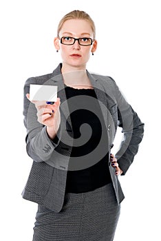 Portrait of young woman with bussiness card