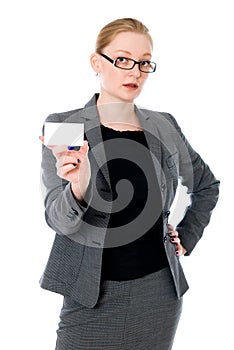 Portrait of young woman with bussiness card
