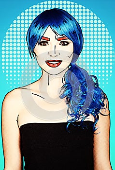 Portrait of young woman in comic pop art make-up style