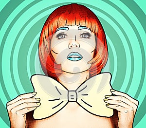 Portrait of young woman in comic pop art make-up style. Female i