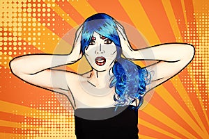 Portrait of young woman in comic pop art make-up style. Shoked female in blue wig on yellow - orange cartoon background