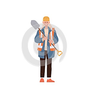 Portrait of young woman construction road worker cartoon character in overalls holding shovel