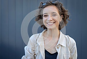 Portrait of a young woman with curly hair on a gray wall background.