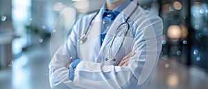 Portrait of young woman doctor with white coat standing in hospital