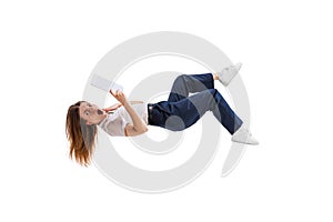 Portrait of young woman, employee in official suit falling down isolated over white studio background. Bad time