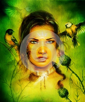 Portrait of a young woman face, with birds and flower