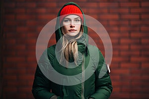 Portrait of young woman in green jacket and red hat on background of brick wall.