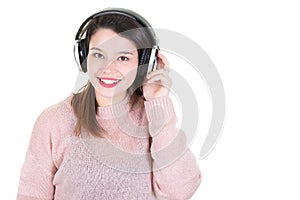 Portrait of young woman with headphone and copy space template web place for text