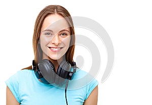 Portrait of young woman with headphones - isolated on white