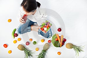 Portrait young woman healthy diet eating salad food.