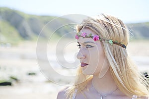 Portrait of young woman hippie style.